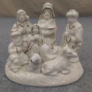 White Ceramic Nativity Scene with Gold Trim Small Christmas Figurines Set image 1
