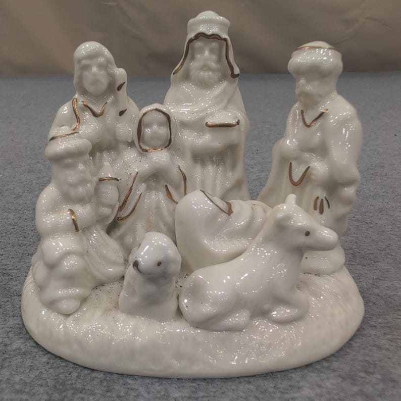 White Ceramic Nativity Scene with Gold Trim Small Christmas Figurines Set image 1