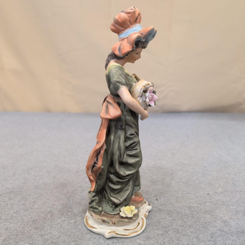 Vintage Hand Painted Porcelain Lady Figurine Green Dress Pink Flower Basket image 4