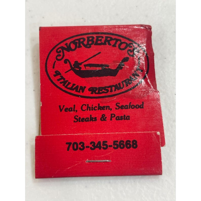Caja de cerillas coleccionable del restaurante italiano Norberto's de Roanoke, Virginia imagen 1