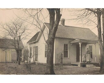 Antique AZO Real Photo Postcard RPPC Farmhouse Woman and Child on Porch Sepia