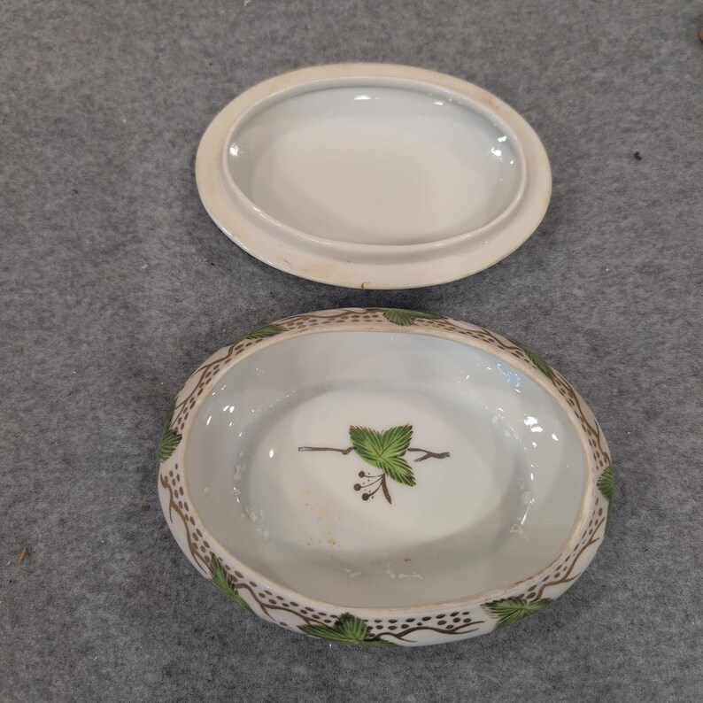 Boîte à bijoux ovale Paulux China Japon feuille d'or vert porcelaine blanche image 5