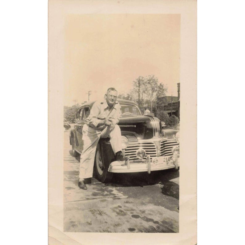 Vintage 1940s Photo Man Posing with Pontiac Silver Streak Sedan Eufaula, Alabama image 1