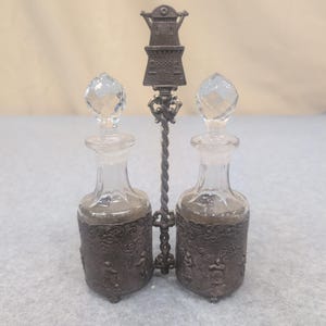 Vintage Dutch Windmill Cruet Set Glass Bottles Ornate Metal Caddy Village Scene image 1