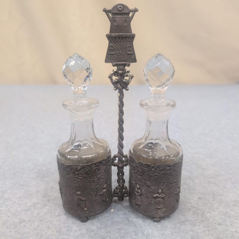 Vintage Dutch Windmill Cruet Set Glass Bottles Ornate Metal Caddy Village Scene image 1