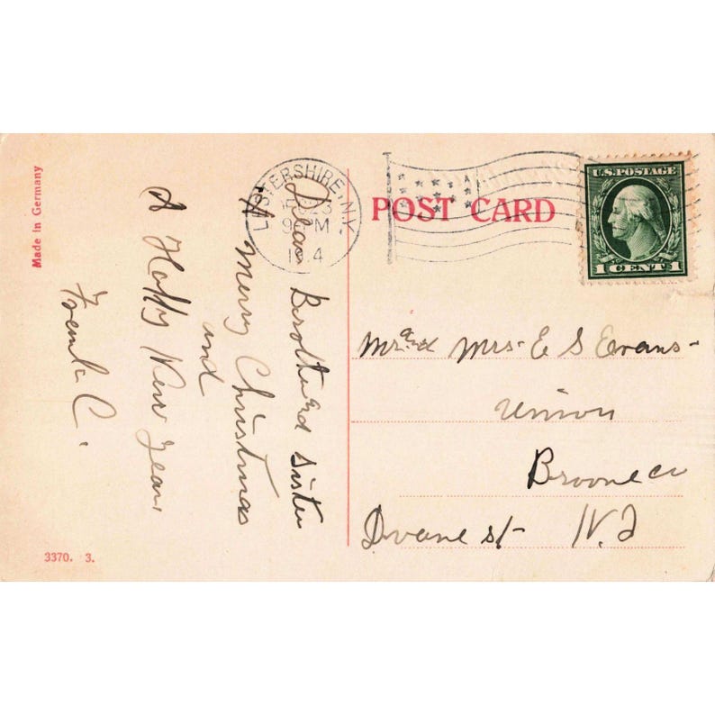 Antieke kerstkaart uit 1904 met een afbeelding van een besneeuwde bergrivier in Duitsland, afgestempeld in zeer goede staat. afbeelding 2