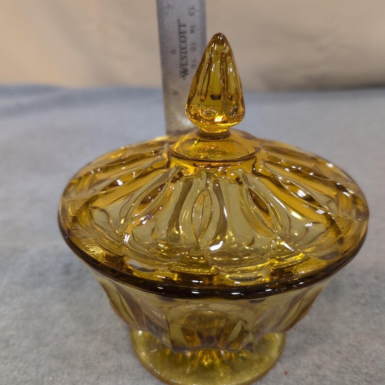 Vintage Anchor Hocking Amber Pressed Glass Footed Candy Dish with Lid Bowl image 8