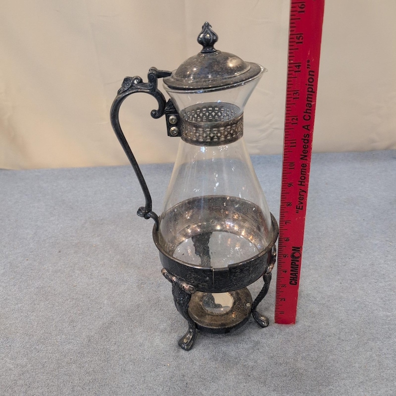 Sheridan Silver Plated Glass Carafe with Ornate Warming Stand Vintage Beverage image 6