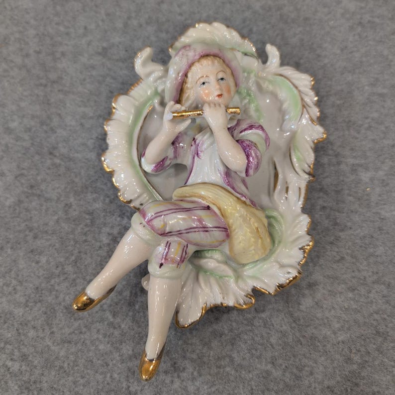 Vintage Porcelain Figurine Boy Playing Flute Wall Plaque Gold Trim Japan image 1