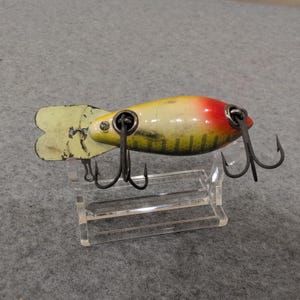 Vintage Wooden Bomber Fishing Lure Dark Green Yellow Red Orange Eye Treble Hooks image 4