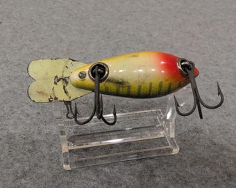 Vintage Wooden Bomber Fishing Lure Dark Green Yellow Red Orange