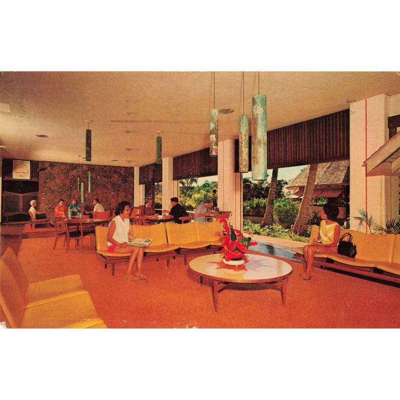 Vintage 1964 Kauai Surf Hotel Guest Lobby Lounge Hawaii Postcard Kalapaki Beach image 1