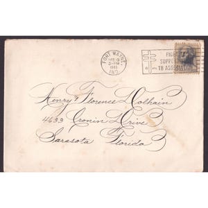 Enveloppe calligraphiée vintage de 1963, cachet postal de Fort Wayne (Indiana), timbre de 5 cents de Washington image 1