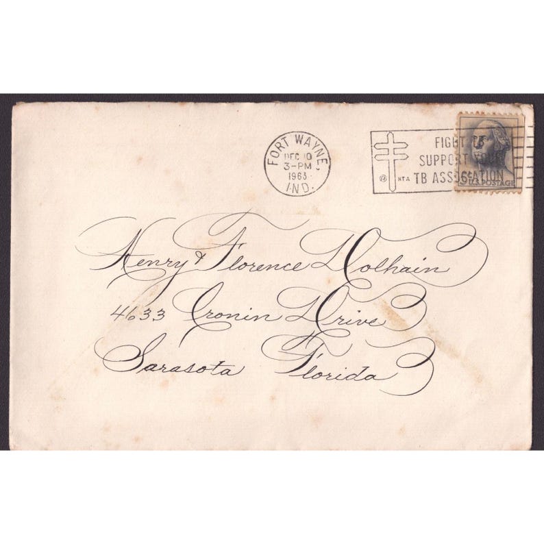 Enveloppe calligraphiée vintage de 1963, cachet postal de Fort Wayne (Indiana), timbre de 5 cents de Washington image 1