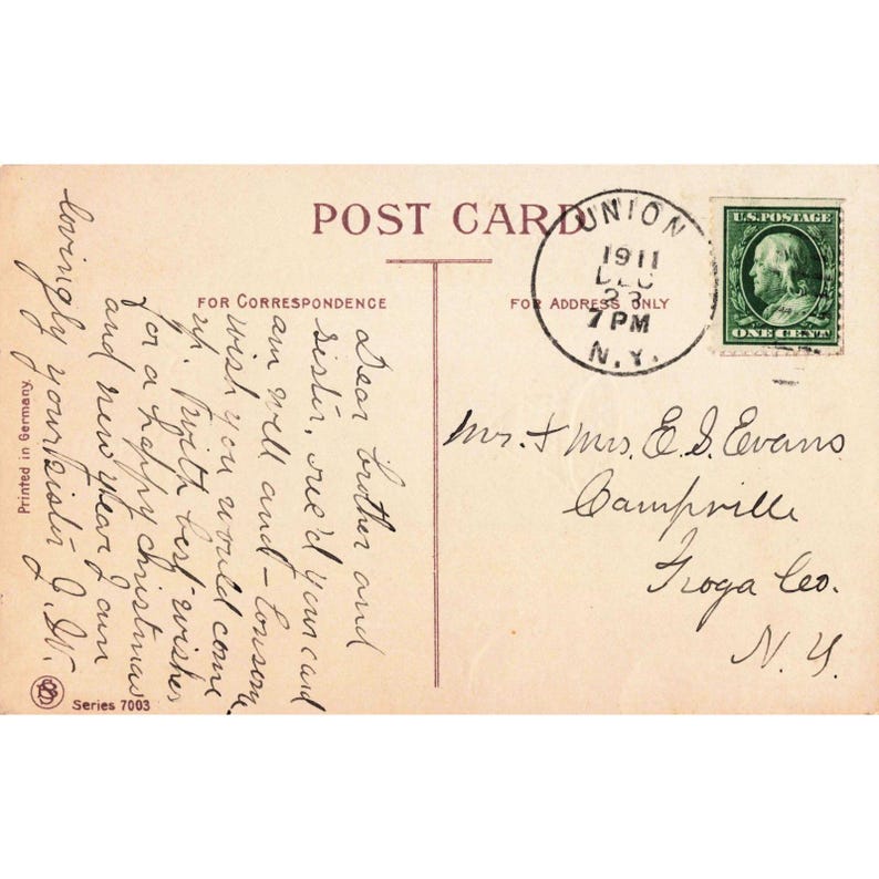 Vintage 1911 Christmas Wishes Postcard Holly Bells Snowy Church Union NY Stamp image 2