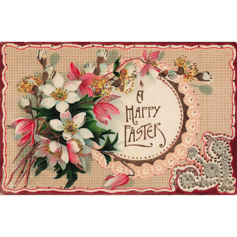 Vintage Embossed Easter Postcard Floral Pussy Willow Pink White Flowers VG 0698 image 1