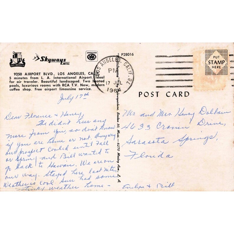 Postal antigua de 1968 del Hotel Skyways de Los Ángeles, piscina del aeropuerto LAX, mediados de siglo. imagen 2