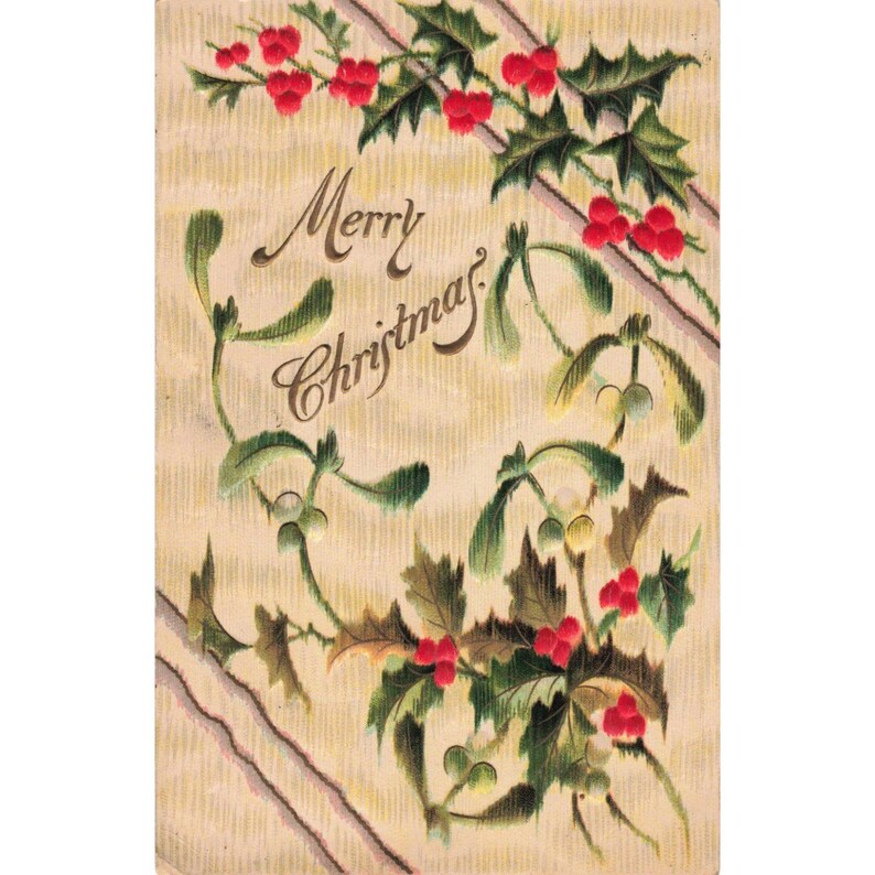 Carte postale vintage de Noël 1910 (RPPC) - Houx et gui en relief - Allemagne image 1