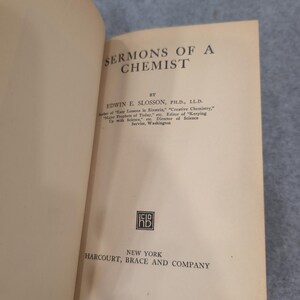 Sermons of a Chemist Edwin E Slosson 1925 Relié Harcourt Brace & Company, 1925 image 7
