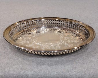 Oneida Silver Plate Oval Pierced Gallery Tray Etched Floral Made in USA