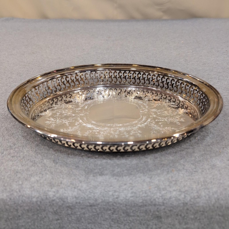 Oneida Silver Plate Oval Pierced Gallery Tray Etched Floral Made in USA image 1