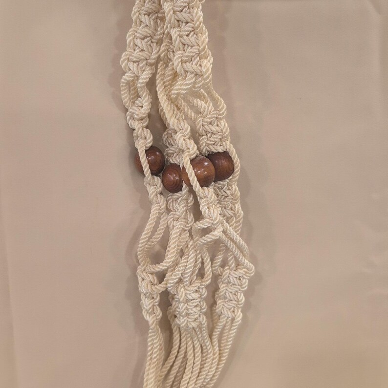 Vintage Macrame Plant Hanger Cream Rope Wood Beads Boho Indoor Outdoor Decor image 3