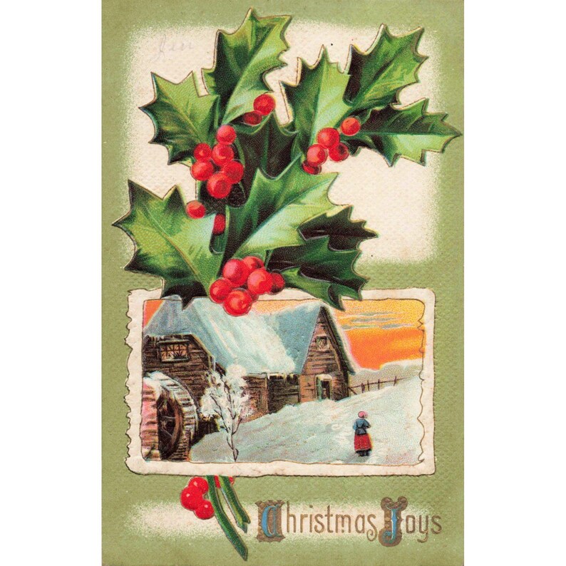 Vintage Christmas Joys Postcard Embossed Holly Berries Winter Watermill PC 248 image 1