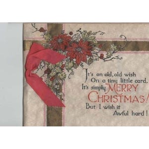Biglietto d'auguri natalizio vintage con stella di Natale, agrifoglio e nastro rosso, Buon Natale VG immagine 1
