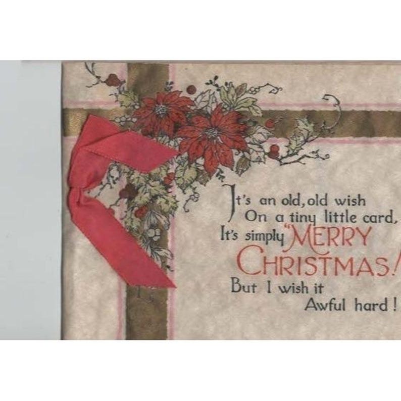 Biglietto d'auguri natalizio vintage con stella di Natale, agrifoglio e nastro rosso, Buon Natale VG immagine 1