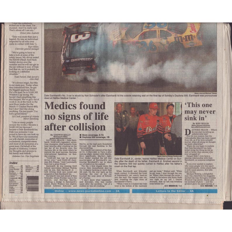 Dale Earnhardt Black Sunday News-Journal February 19 2001 Daytona 500 Newspaper image 2