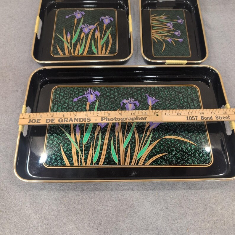 Vintage Japanese Style Black Lacquer Nesting Serving Trays Purple Iris Set of 3 image 5