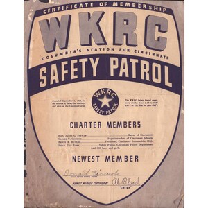Certificado de membro da Patrulha de Segurança WKRC de Cincinnati, de 1938 (vintage). Música de Al Bland. imagem 1