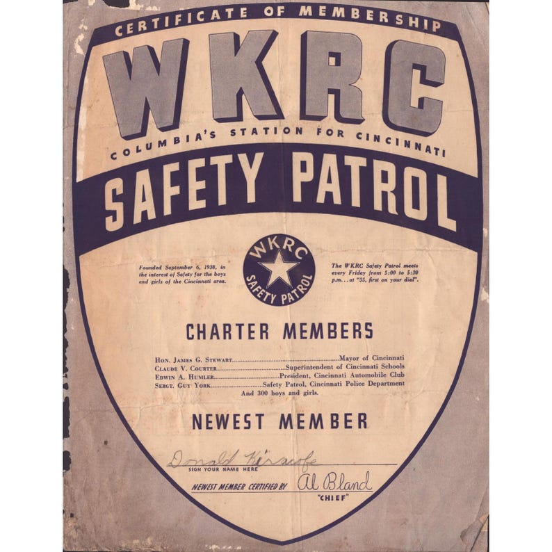 Certificado de membro da Patrulha de Segurança WKRC de Cincinnati, de 1938 (vintage). Música de Al Bland. imagem 1