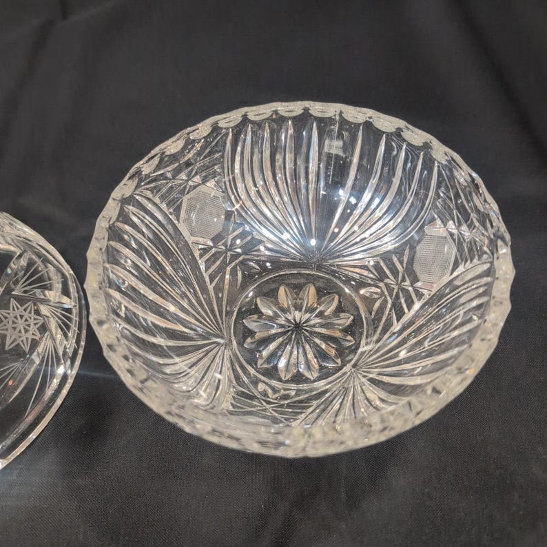 Vintage American Brilliant Style Cut Glass Lidded Candy Dish Pinwheel Starburst image 2
