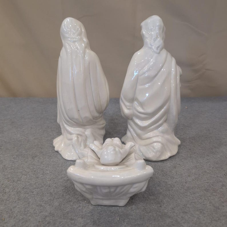 White Glazed Ceramic Nativity Set 3 Piece Holy Family Mary Joseph Baby Jesus image 7