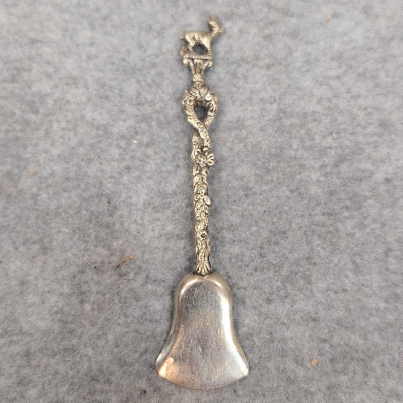 Vintage Figural Deer Souvenir Spoon Bell Shaped Bowl Ornate Silver Tone Metal image 5