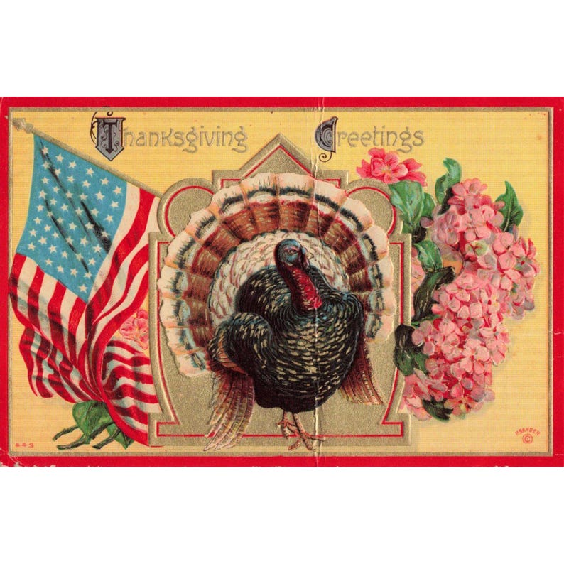 Vintage P. Sander Thanksgiving Greetings Postcard Turkey American Flag Embossed image 1