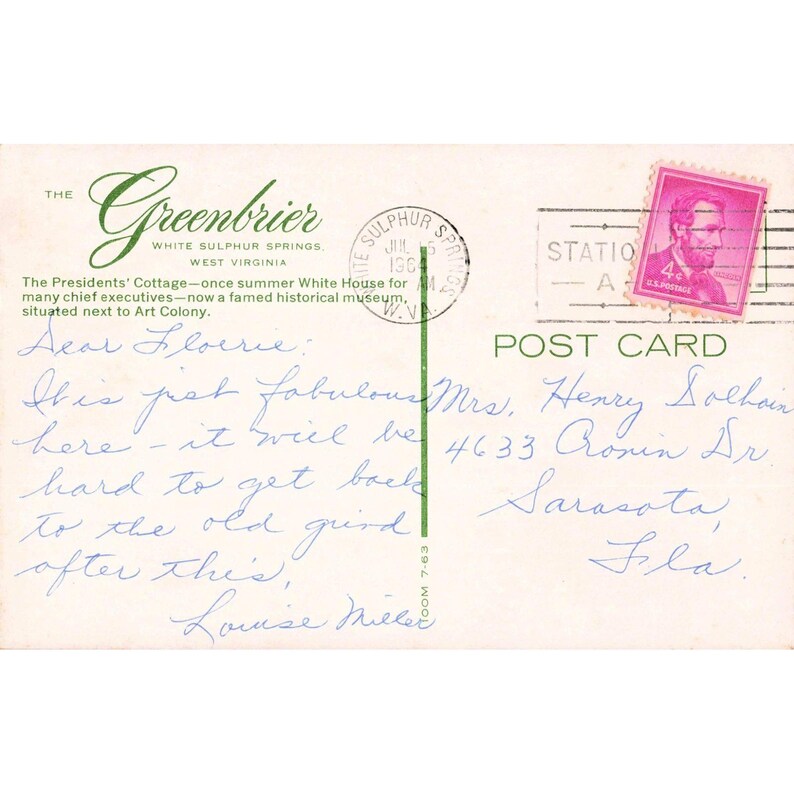 Postal antigua de 1964 de Greenbrier Presidents Cottage, White Sulphur Springs, Virginia Occidental. imagen 2