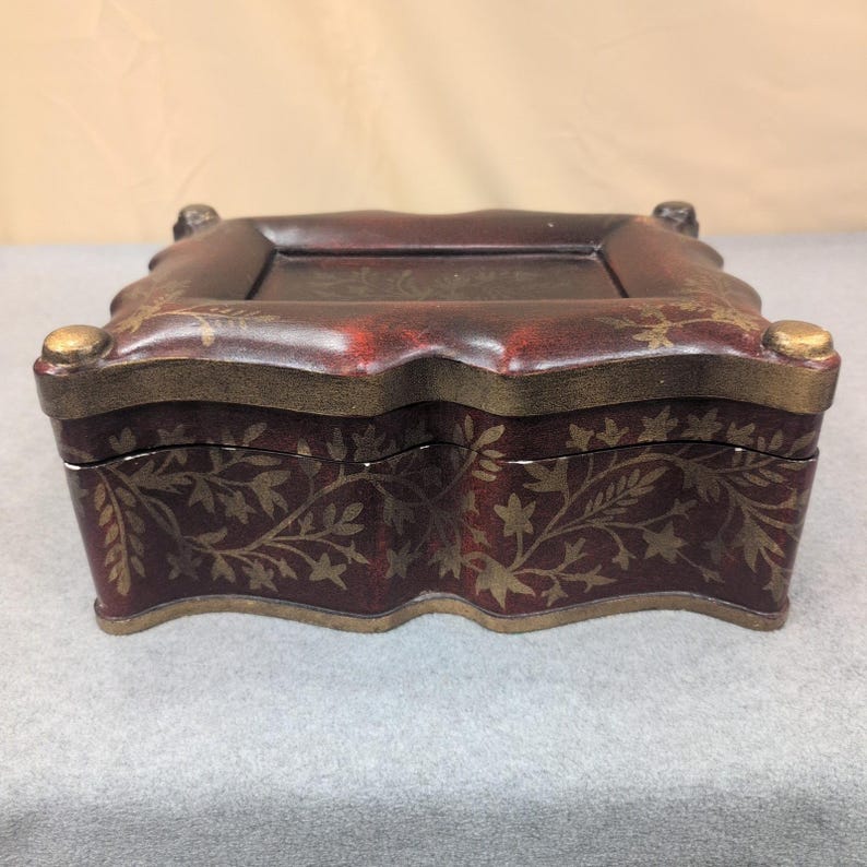 Chalkware Trinket Box Faux Wood Finish Gold Floral Vine Stencil Scalloped Edge image 1