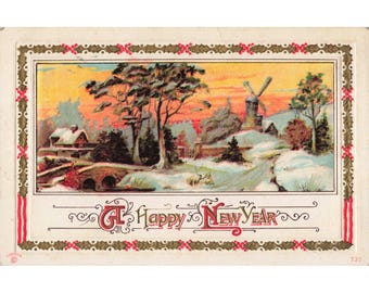 1912年製 ヴィンテージ 新年おめでとうポストカード 冬の風車風景 スピアビル（カンザス州） 非常に良い
