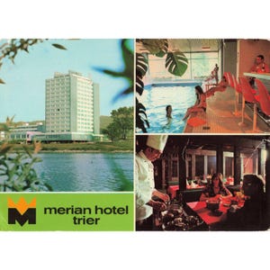 Vintage-Postkarte des Merian Hotels Trier, Deutschland, mit verschiedenen Ansichten: Schwimmbad, Speisesaal Bild 1