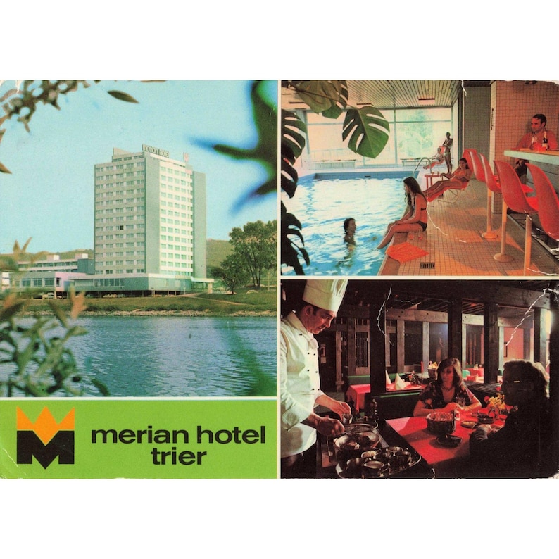 Vintage-Postkarte des Merian Hotels Trier, Deutschland, mit verschiedenen Ansichten: Schwimmbad, Speisesaal Bild 1