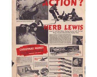 Vintage Daisy luchtgeweren uit de jaren 1930 met Herb Lewis en de Detroit Red Wings. Printadvertentie.