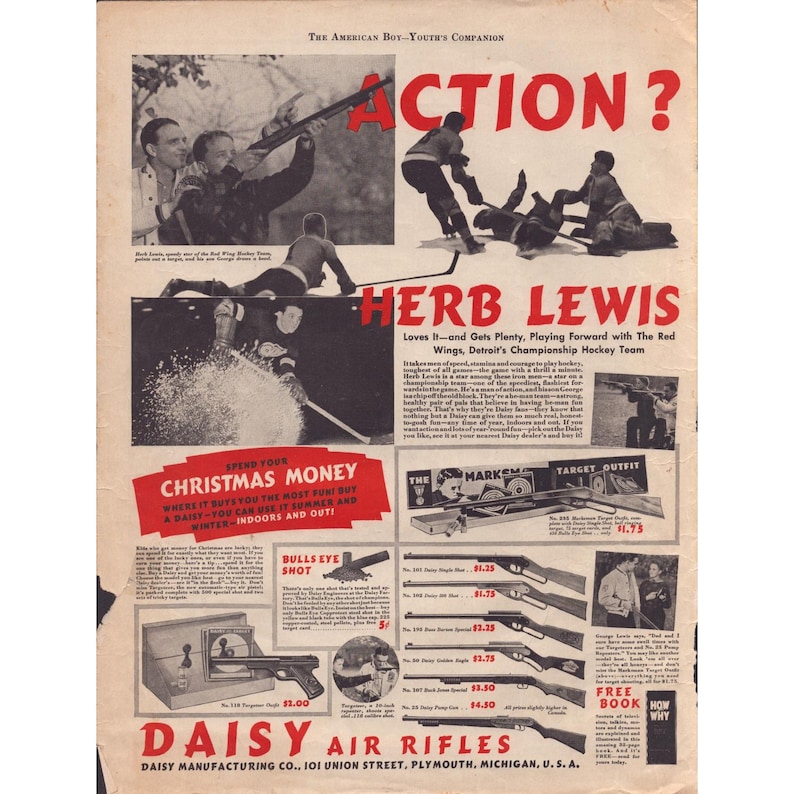 Anúncio impresso vintage dos anos 1930 das carabinas de ar comprimido Daisy, com Herb Lewis e o time de beisebol Detroit Red Wings. imagem 1
