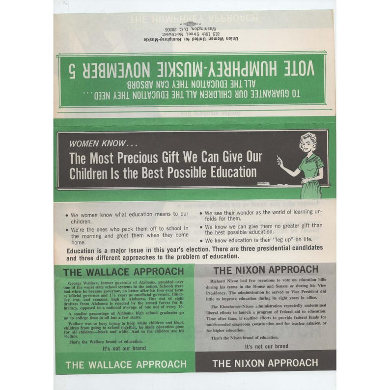 Vintage 1968 Humphrey Muskie Campaign Brochure Education Policy Nixon Wallace image 1