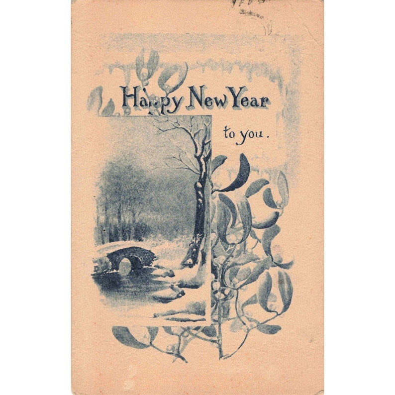 Vintage nieuwjaarskaart uit 1920: Winterbrug, maretak, blauw, monochroom G afbeelding 1