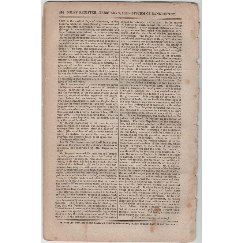 Niles Weekly Register, 9 lutego 1822 r., Gazeta Baltimore, tom IX, nr 24, Prawo upadłościowe zdjęcie 2