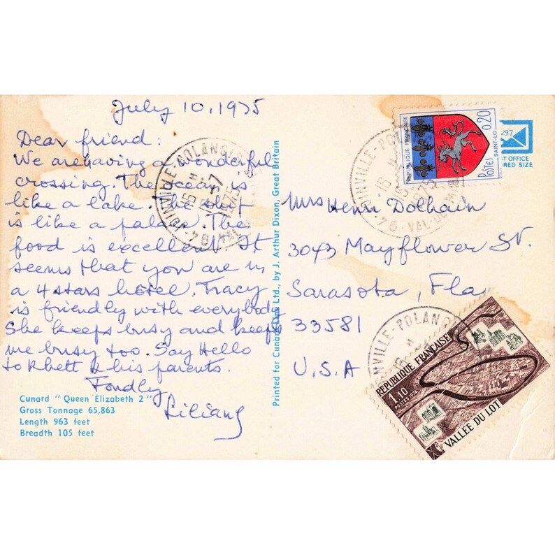 Vintage 1975 Cunard Queen Elizabeth 2 QE2 Postcard Postmarked Ocean Liner Ship image 2