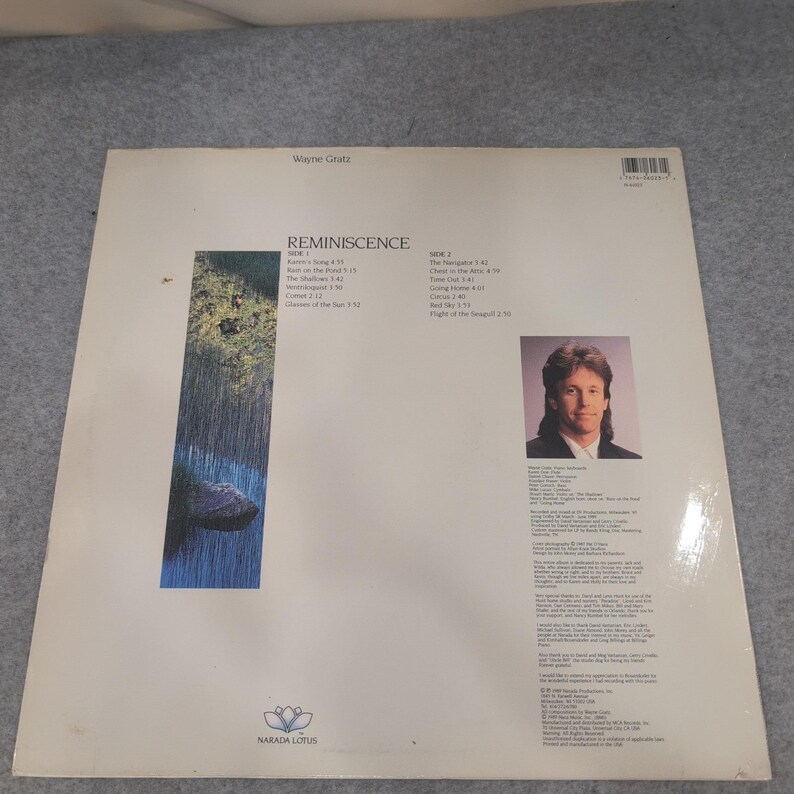 Wayne Gratz Reminiscence Vinyl LP Narada Lotus 1989 New Age Piano N-61023 image 2