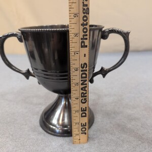 Vintage Silver Tone Loving Cup Trophy Ornate Handles Beaded Rim Pedestal Base image 3